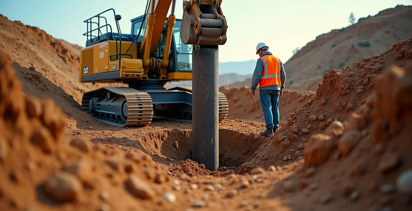 Chantier en cours avec engin d'étude géotechnique, terrain naturel avec différentes couches visibles, éclairage naturel réaliste, profondeur de champ contrôlée.
