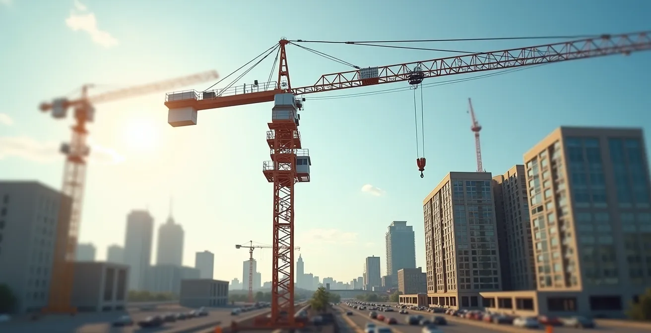 Photo réaliste d'une grue de chantier moderne en action sur un site de construction urbain, sous un ciel clair avec un faible bokeh sur l'arrière-plan pour accentuer la grue, sans aucun texte, logo ou élément lisible.