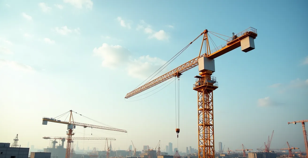 Grue à montage rapide sur un chantier de construction, capturée en lumière naturelle avec un contraste doux et un arrière-plan flou naturel, mettant en valeur la structure et la simplicité d'installation.