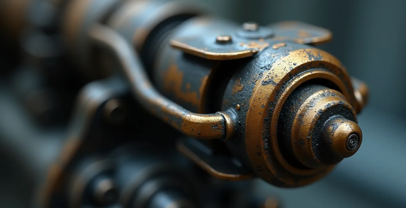 Photo macro d'une pièce mécanique d'une grue de chantier, montrant des textures métalliques fines, huilées, avec éclairage cinématographique et faible profondeur de champ.