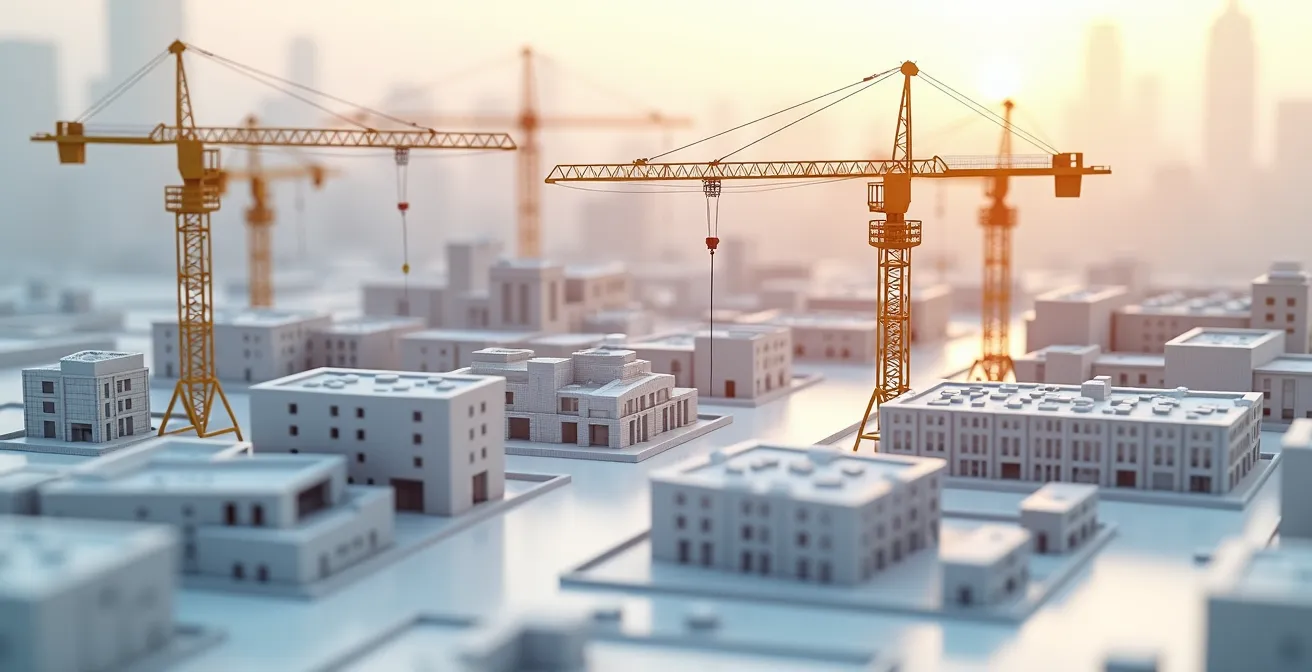 Vue réaliste d'un modèle 3D BIM de chantier de construction montrant les grues positionnées avec planification des flux et zones de travail, éclairage net et textures précises.