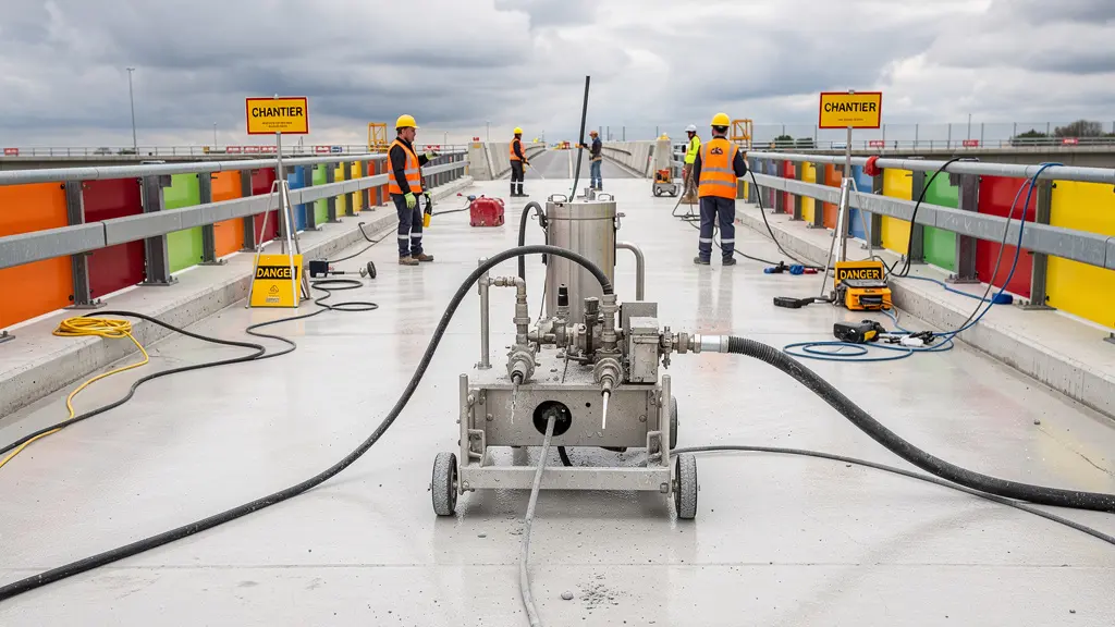 Chantier de réhabilitation pont avec équipement hydrodémolition positionné sur tablier