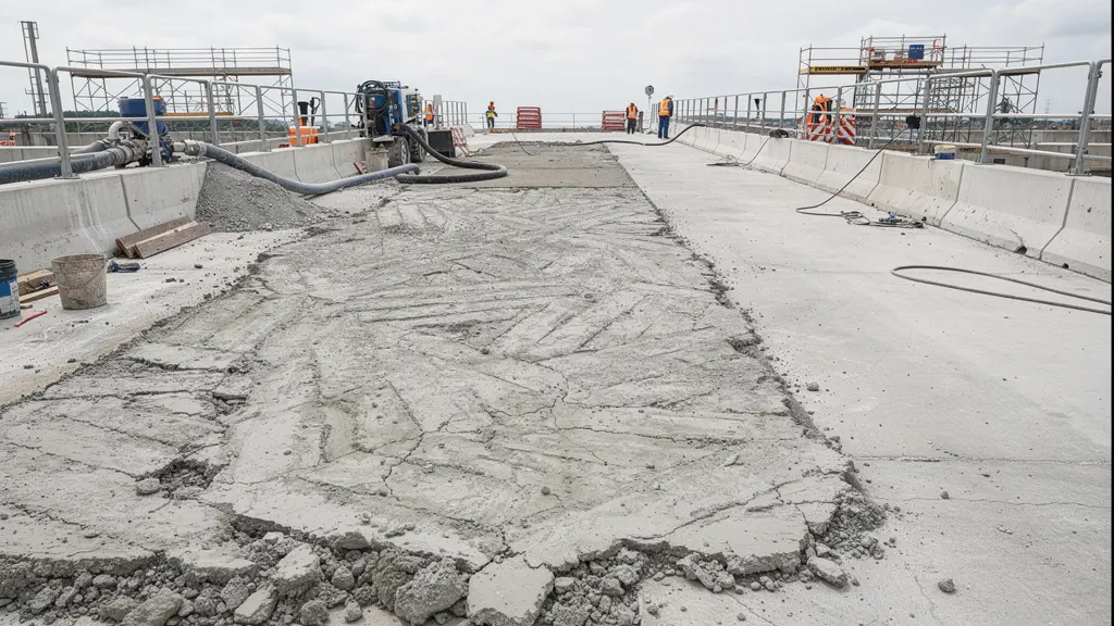 Vue d'ensemble chantier rénovation pont avec zone traitée par hydrodémolition