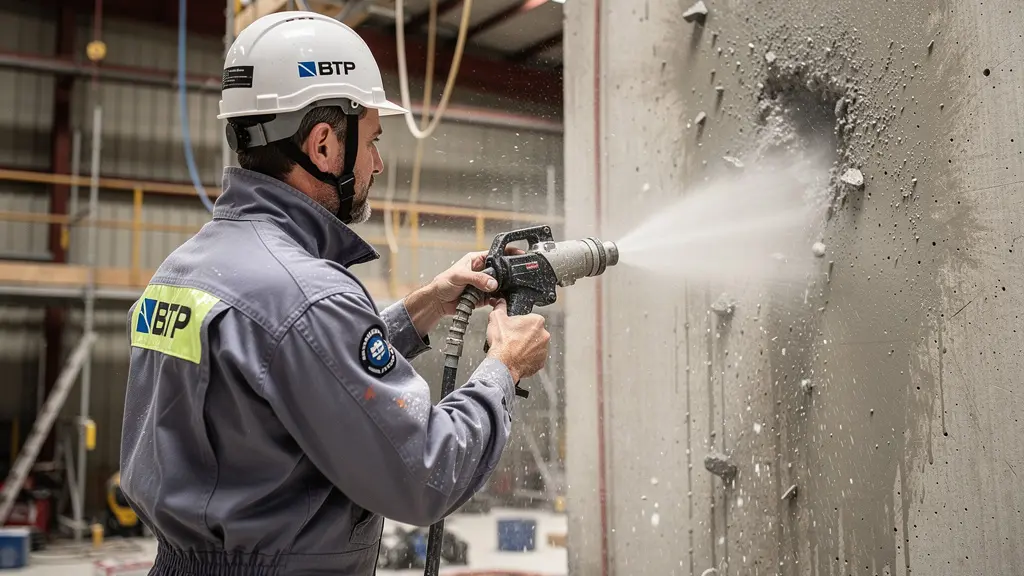 Technicien BTP en équipement de protection manipulant lance hydrodémolition sur paroi béton