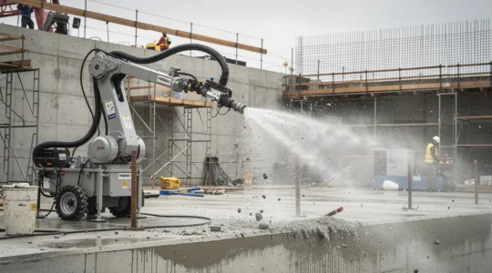 Robot d'hydrodémolition projetant un jet haute pression sur surface béton lors d'un chantier de travaux publics