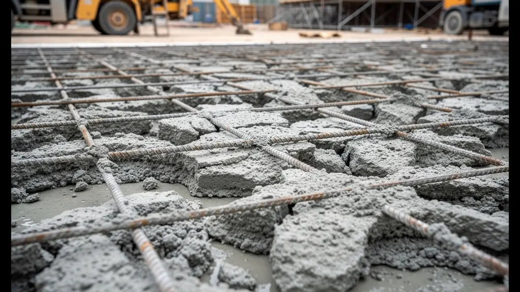 Surface béton décapée par hydrodémolition montrant armatures intactes et texture rugueuse