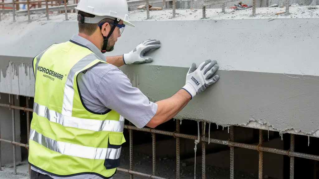 Technicien BTP inspectant surface béton après traitement hydrodémolition