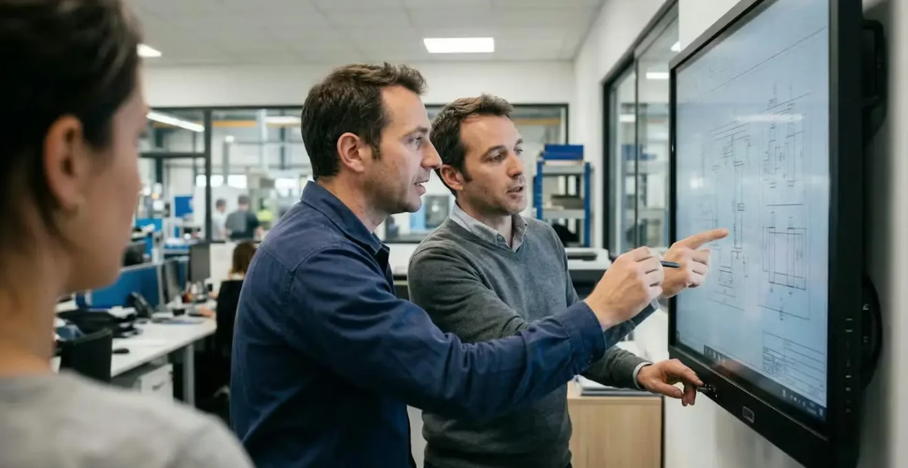 Deux professionnels discutant d'un plan technique dans un bureau d'atelier