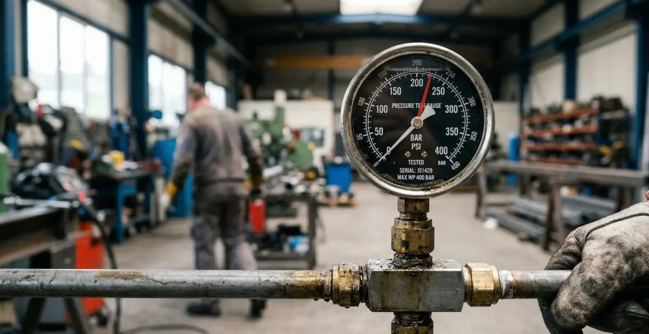 Gros plan sur un manomètre indiquant la pression sur un circuit de test, avec arrière-plan industriel flouté