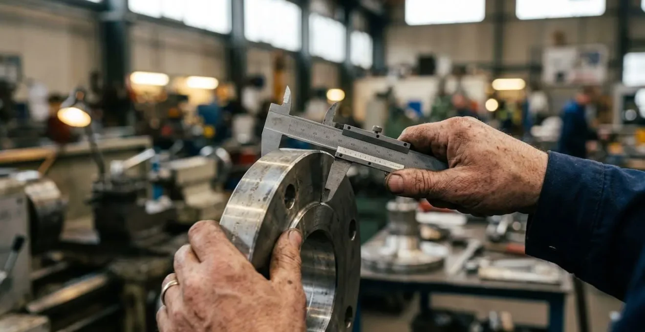 Mains d'un technicien utilisant un pied à coulisse sur une bride de tuyauterie inox dans un environnement d'atelier