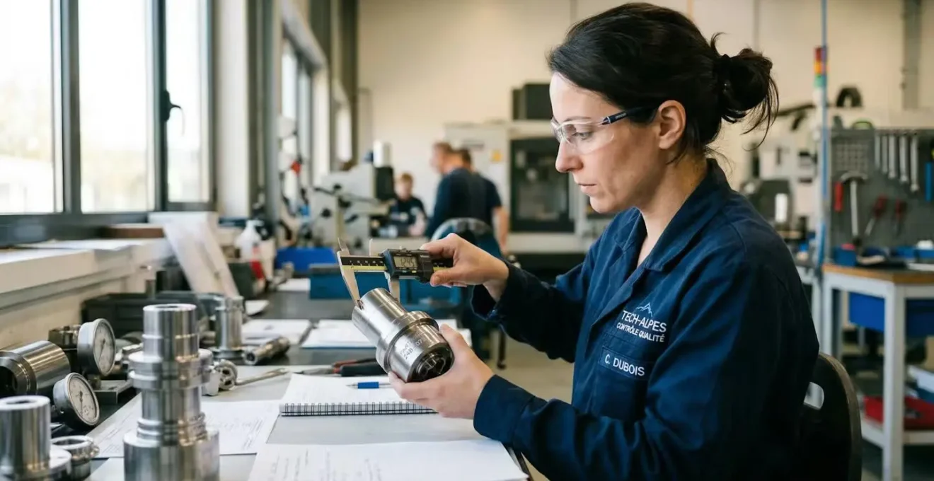 Technicien effectuant un contrôle dimensionnel sur une pièce inox avec un pied à coulisse