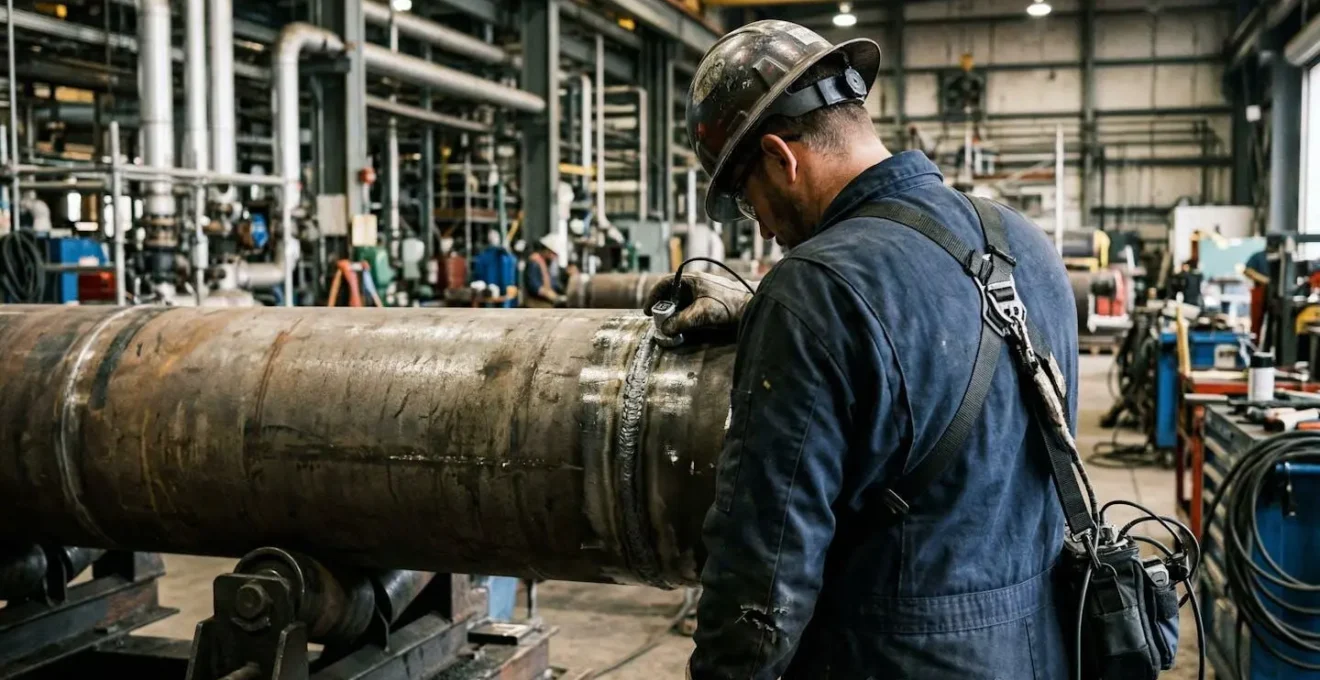 Technicien de profil réalisant un contrôle non destructif sur une soudure de tuyauterie dans un atelier industriel