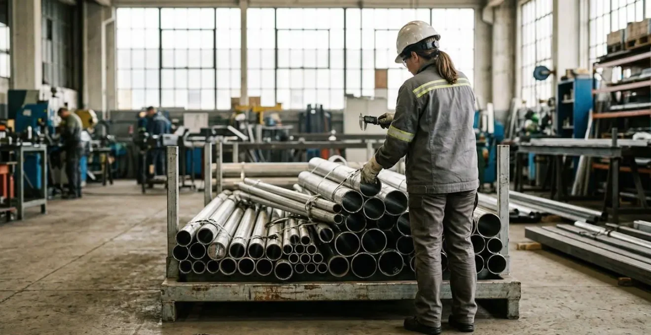 Un technicien en tenue de protection inspecte un ensemble de tuyauteries montées sur châssis métallique dans un atelier industriel lumineux