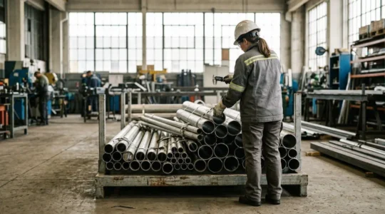 Un technicien en tenue de protection inspecte un ensemble de tuyauteries montées sur châssis métallique dans un atelier industriel lumineux