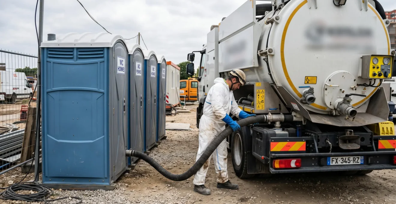 Camion-citerne de vidange blanc avec technicien en combinaison raccordant flexible à cabines WC autonomes, environnement chantier français