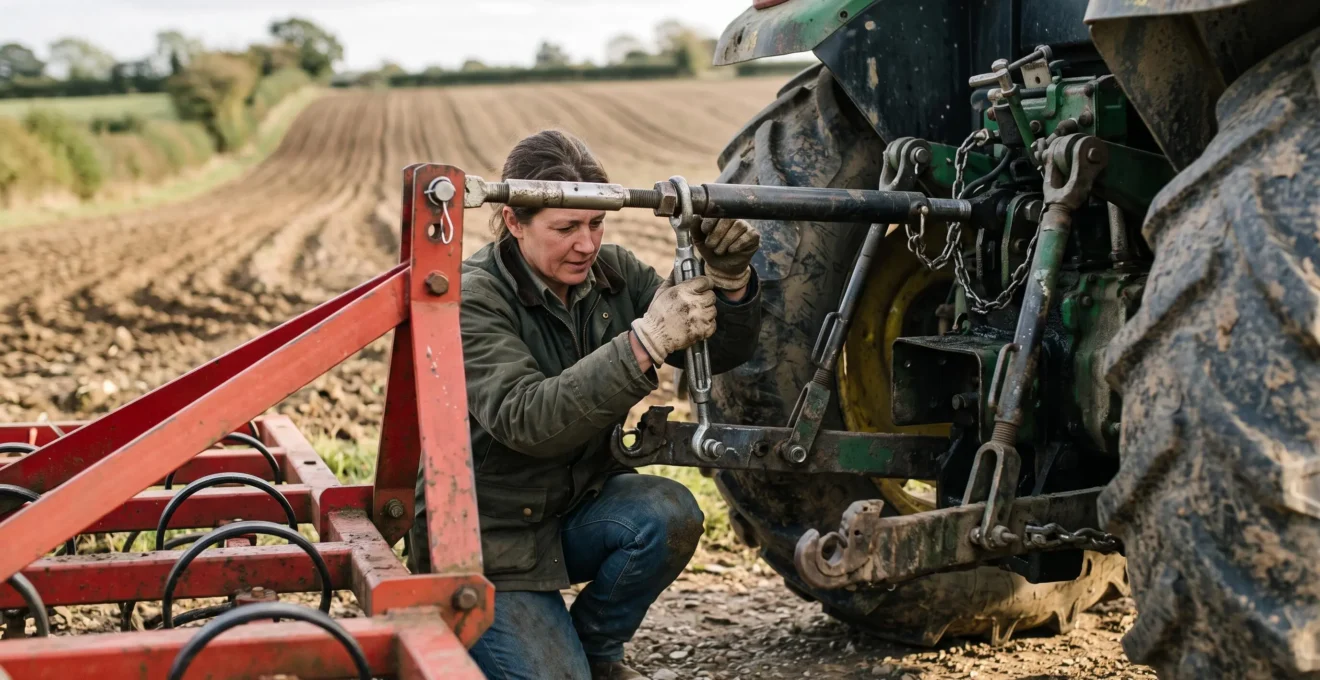 Agriculteur ajustant le système d'attelage trois points d'un tracteur avec un outil agricole attaché
