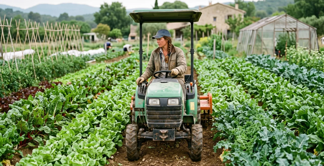 Petit tracteur compact manœuvrant entre des rangées de cultures maraîchères, adapté aux petites exploitations