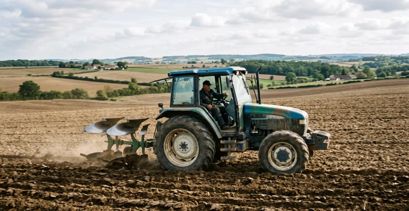 Tracteur agricole de puissance moyenne labourant un champ en France, agriculteur au volant, sillons de terre retournée visibles