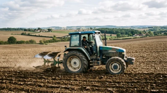 Tracteur agricole de puissance moyenne labourant un champ en France, agriculteur au volant, sillons de terre retournée visibles