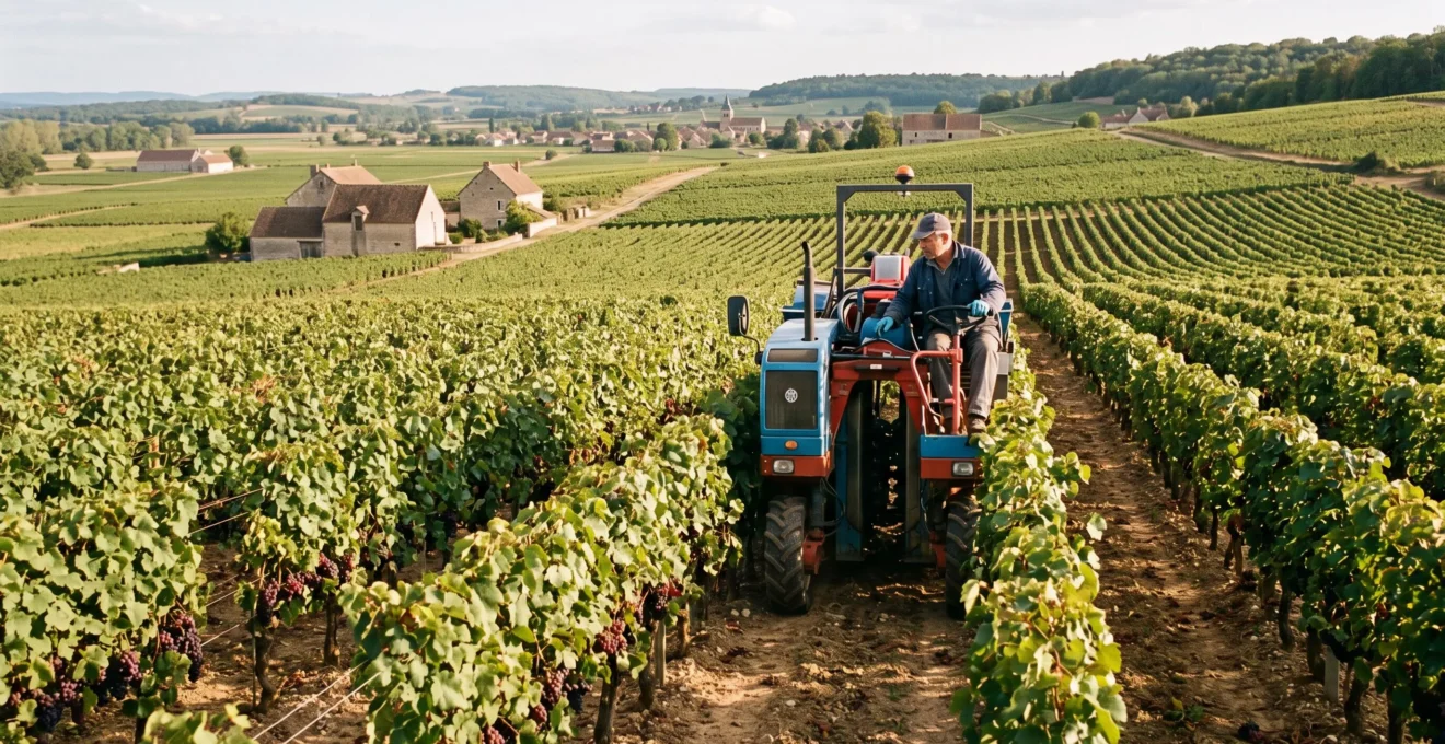 Tracteur viticole étroit circulant entre des rangs de vignes sur un terrain vallonné